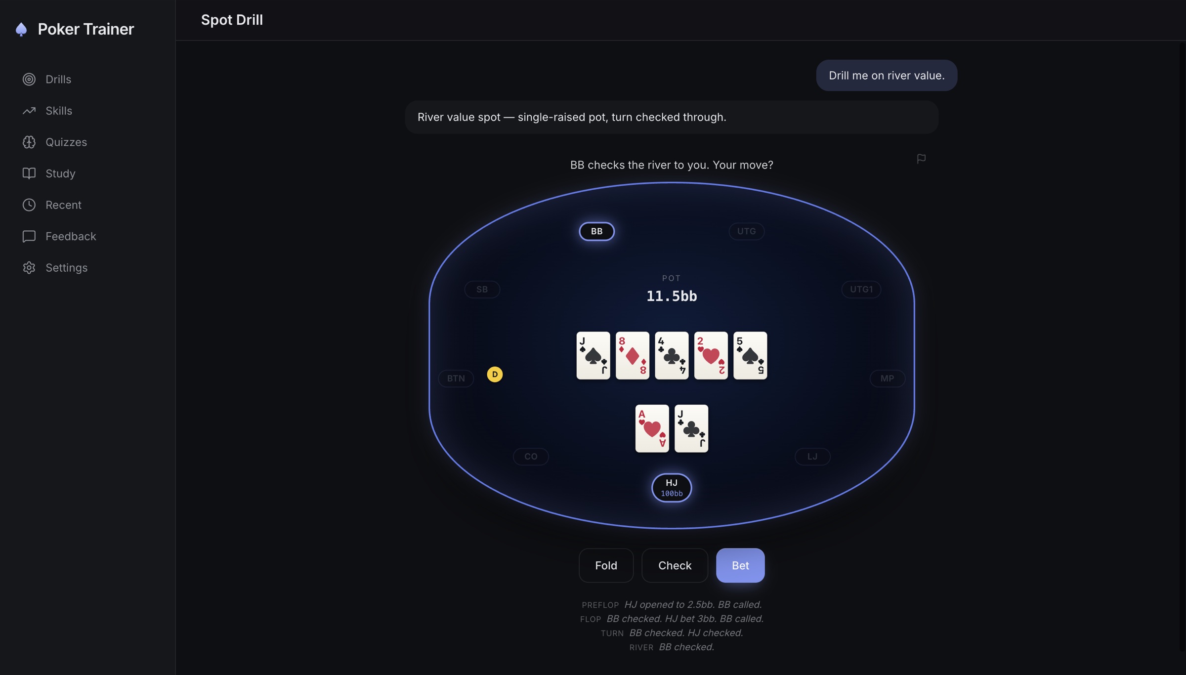 HoldemDrills Spot Drill: a poker table with hole cards, board, pot, action history, and Fold/Check/Bet decision buttons.